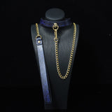 Midnight Cobalt - Snakeskin Textured Leather BDSM Collar and Gold Chain Leash