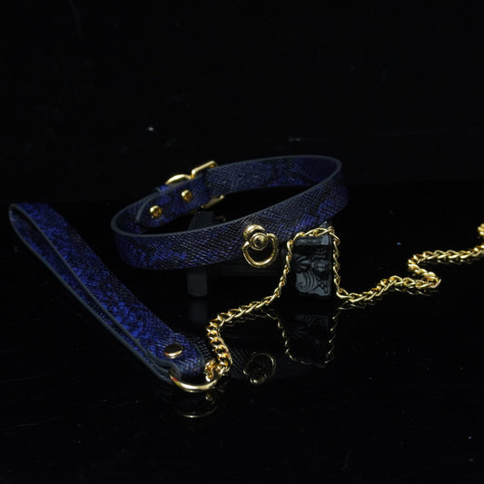 Midnight Cobalt - Snakeskin Textured Leather BDSM Collar and Gold Chain Leash