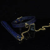 Midnight Cobalt - Snakeskin Textured Leather BDSM Collar and Gold Chain Leash