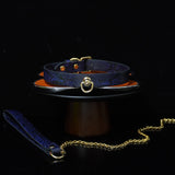 Midnight Cobalt - Snakeskin Textured Leather BDSM Collar and Gold Chain Leash