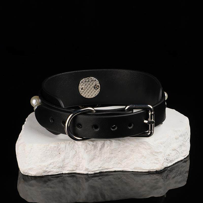 Onyx & Pearl - Lustrous Studded Leather O Ring Collar