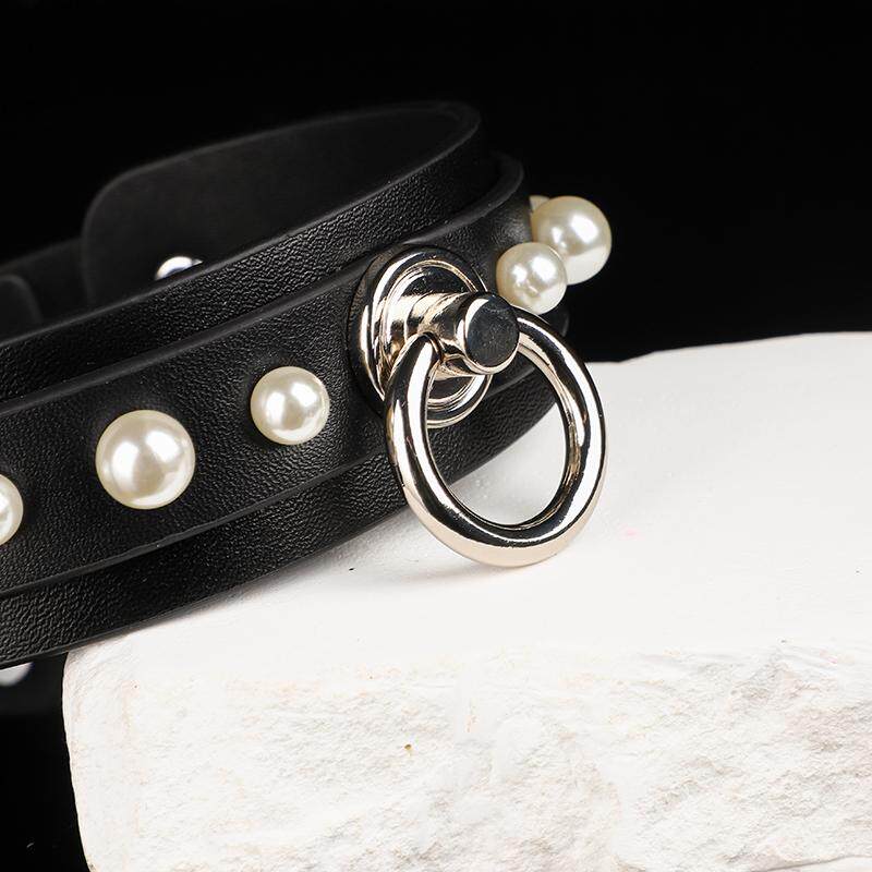 Onyx & Pearl - Lustrous Studded Leather O Ring Collar