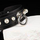 Onyx & Pearl - Lustrous Studded Leather O Ring Collar