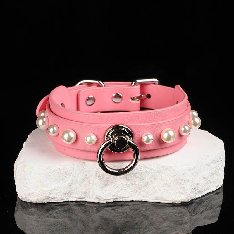Onyx & Pearl - Lustrous Studded Leather O Ring Collar
