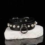 Onyx & Pearl - Lustrous Studded Leather O Ring Collar