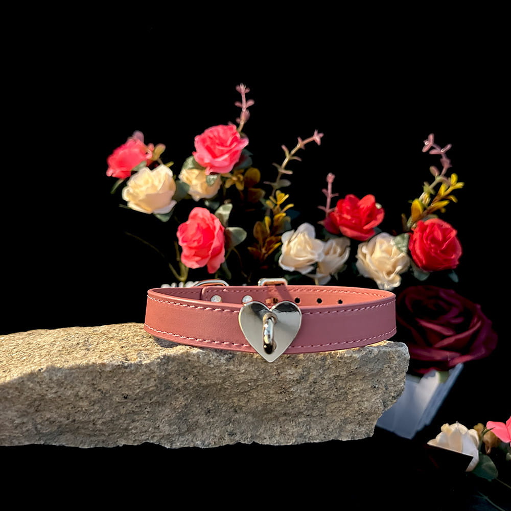 Blush Devotion - Heart-Centric Dusty Rose Leather BDSM Collar