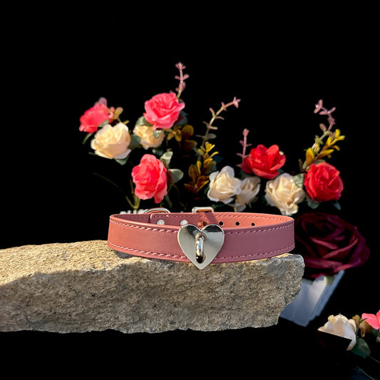 Blush Devotion - Heart-Centric Dusty Rose Leather BDSM Collar
